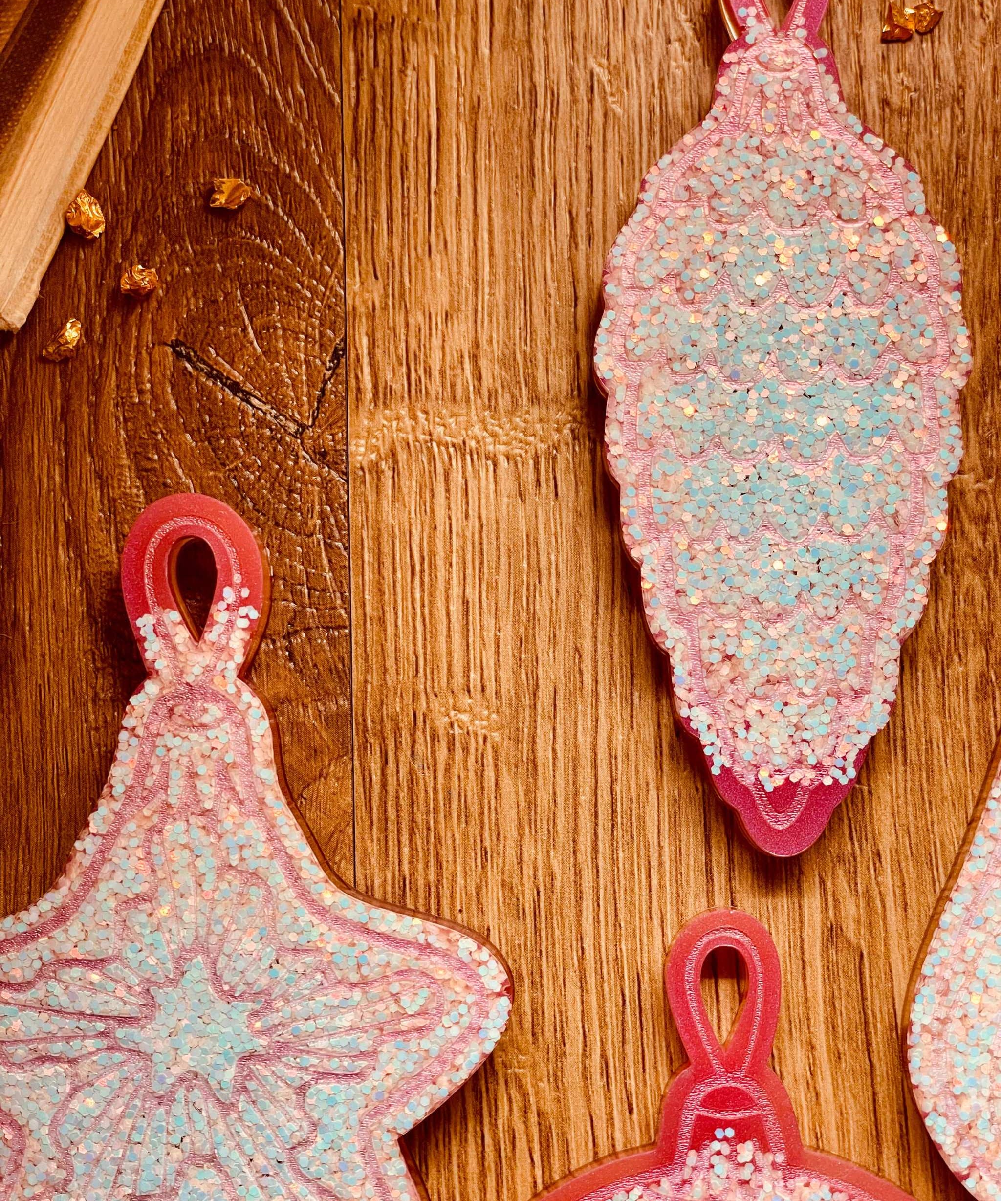 Pink and silver handmade resin Christmas tree ornaments, set of four.