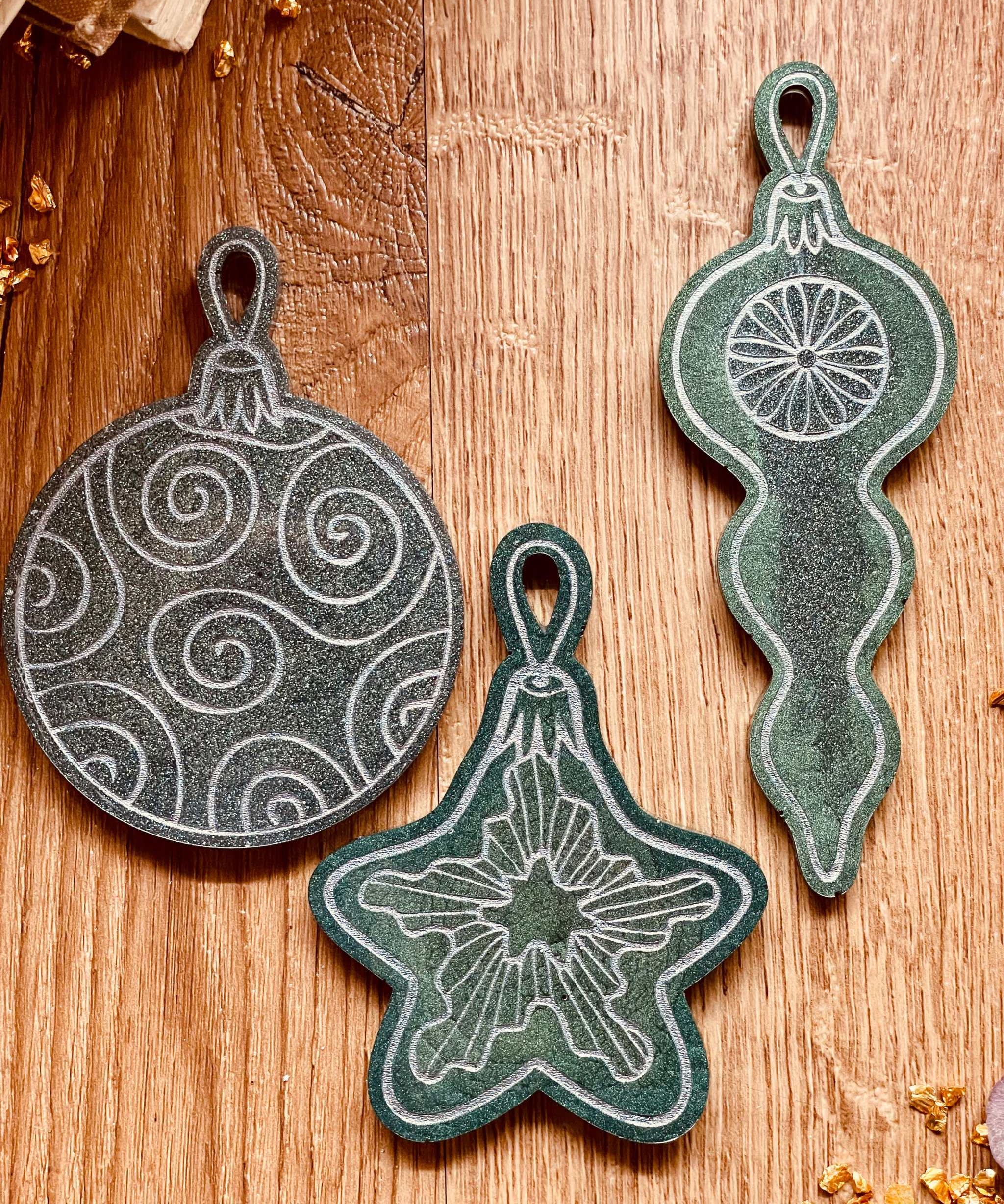 Handmade green and silver resin Christmas tree ornaments, set of 3.