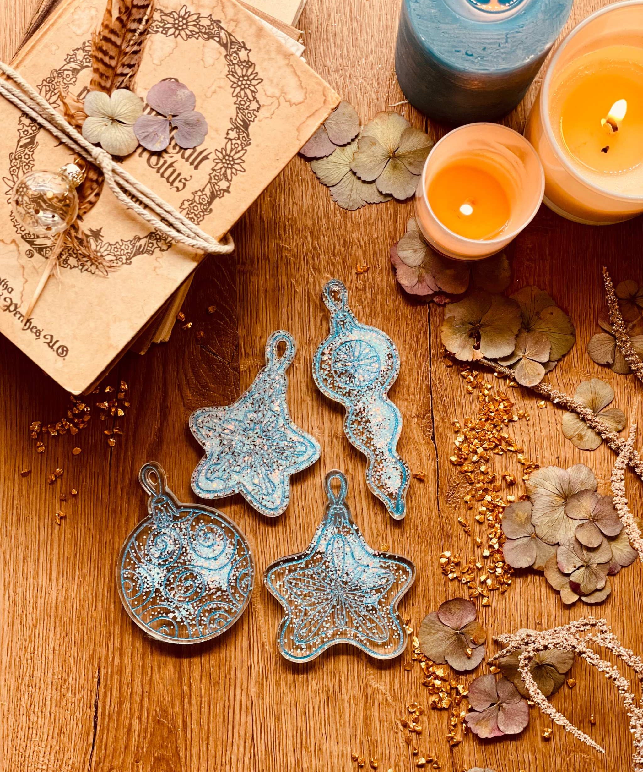 Handmade turquoise and silver resin Christmas tree ornaments, set of four.