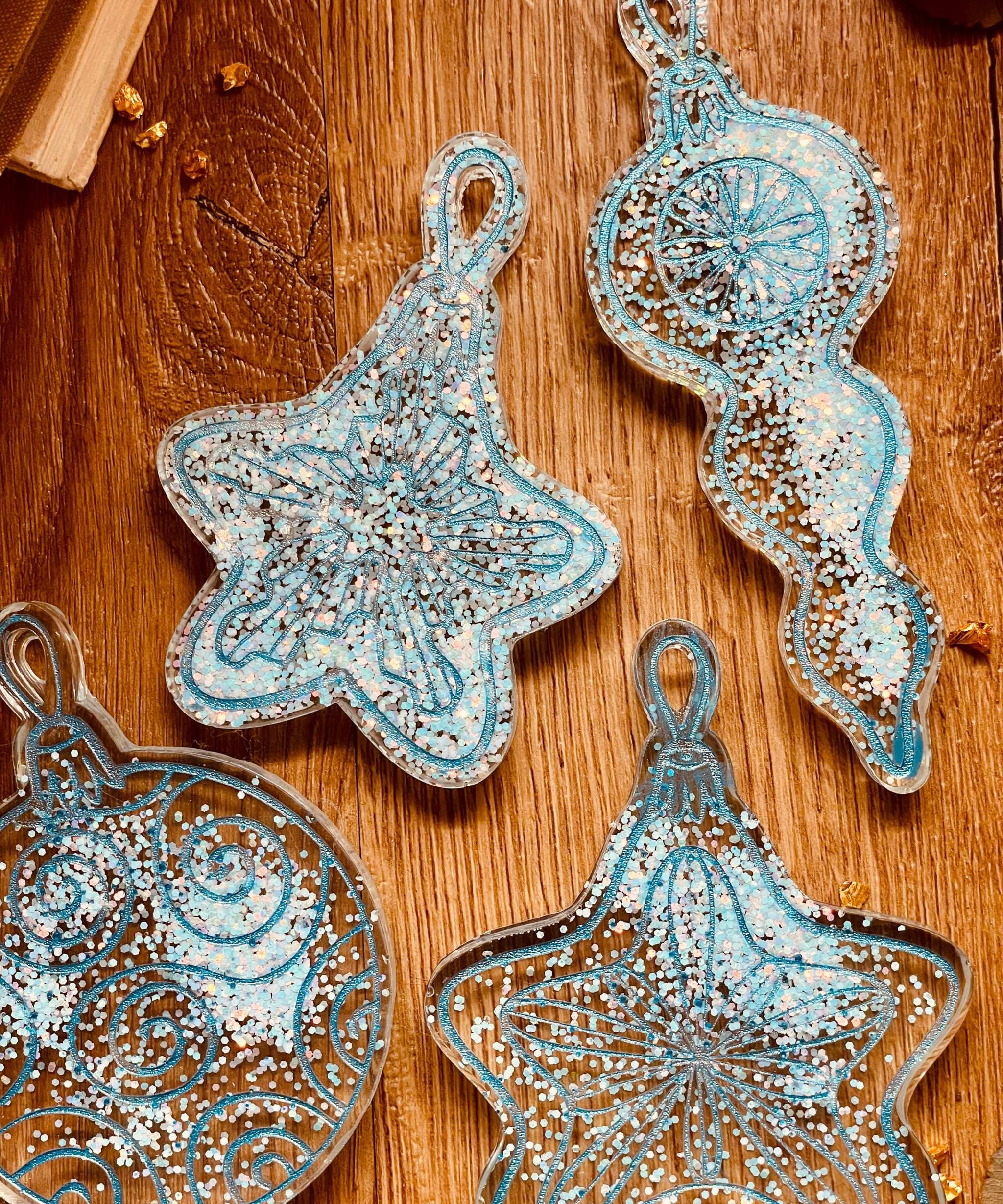 Handmade turquoise and silver resin Christmas tree ornaments, set of 4.