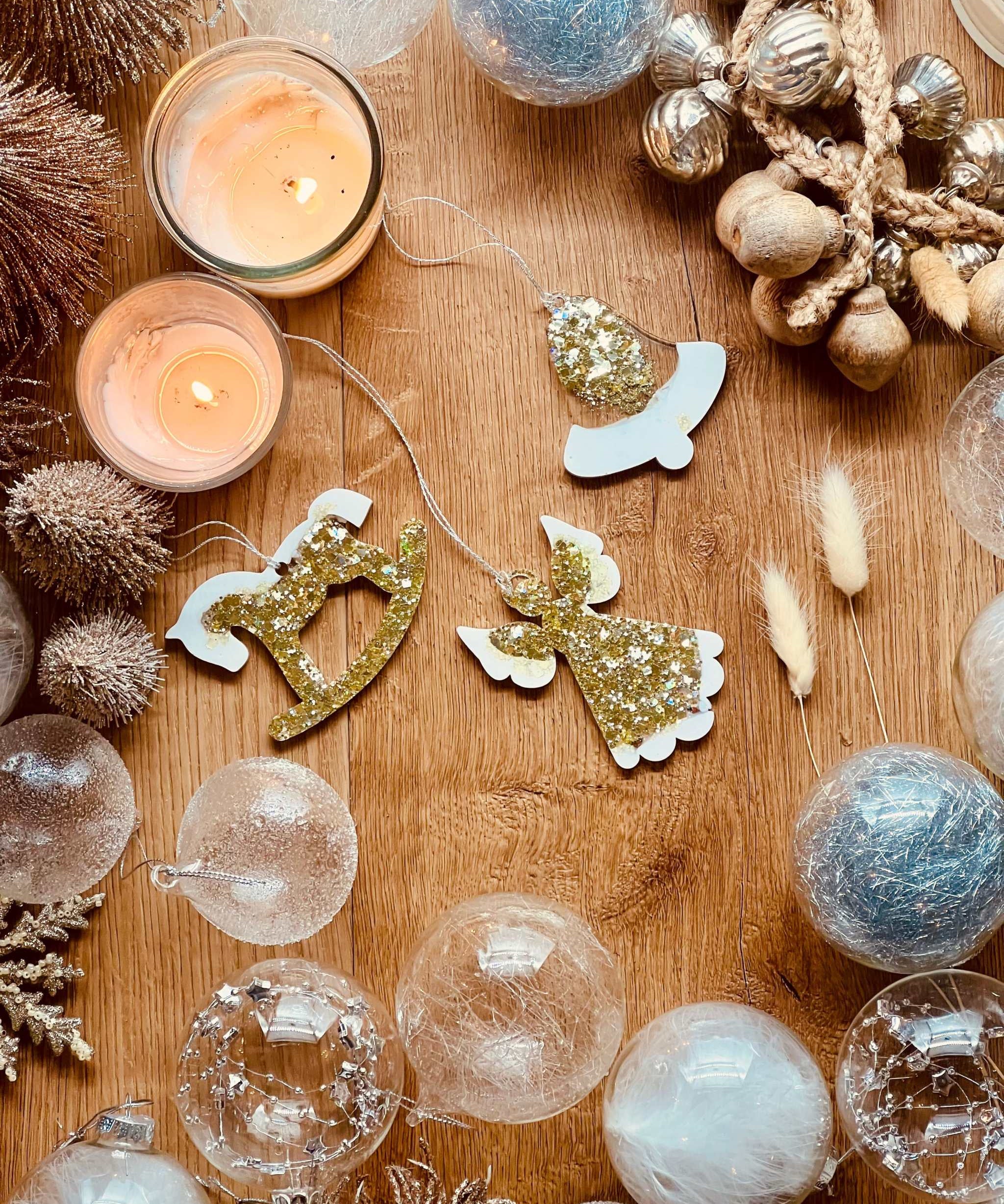 Handmade gold and white resin Christmas tree ornaments with holographic surface, set of 3.