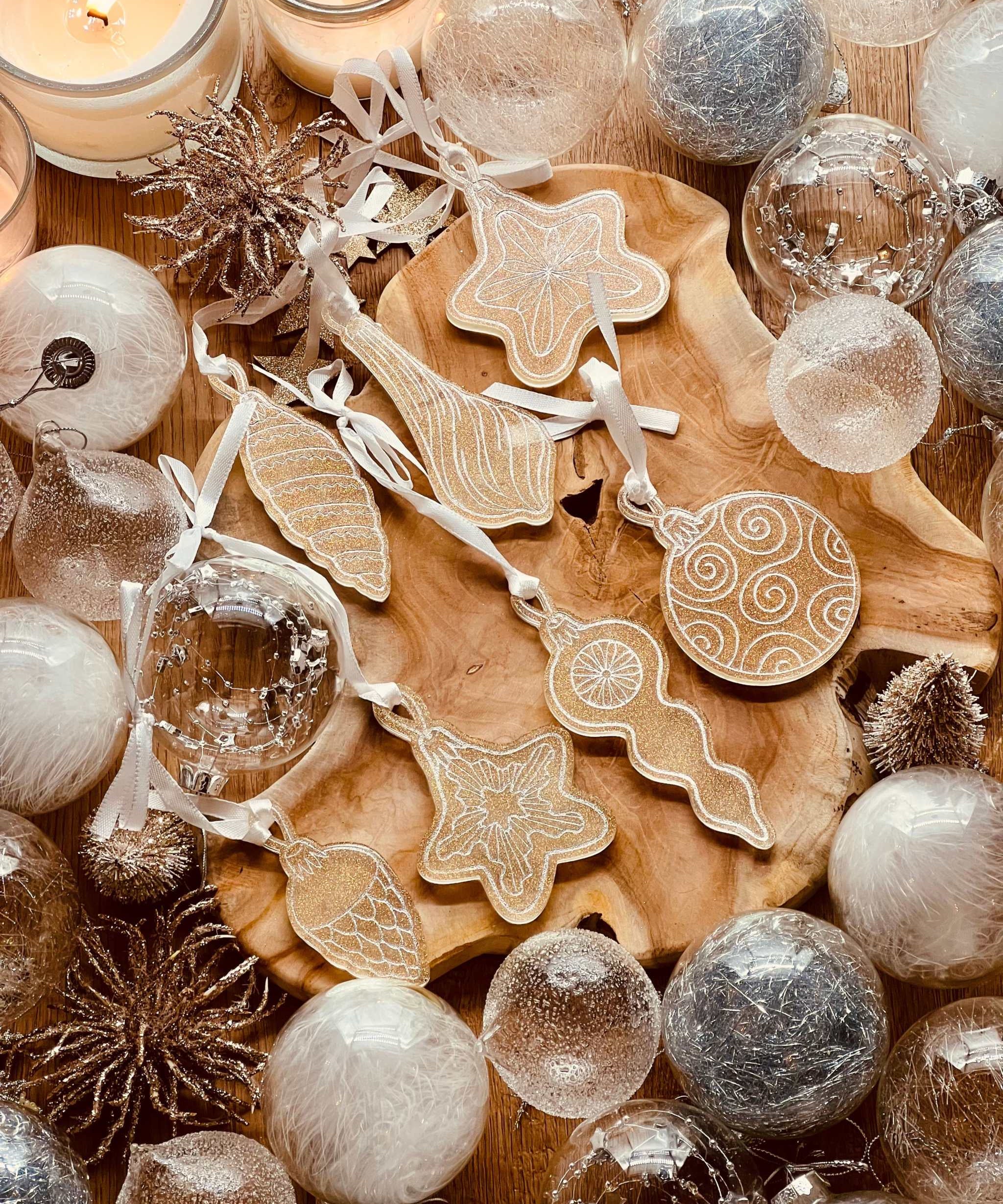 Handmade resin Christmas tree ornaments, set of 7 in silver with glitter.