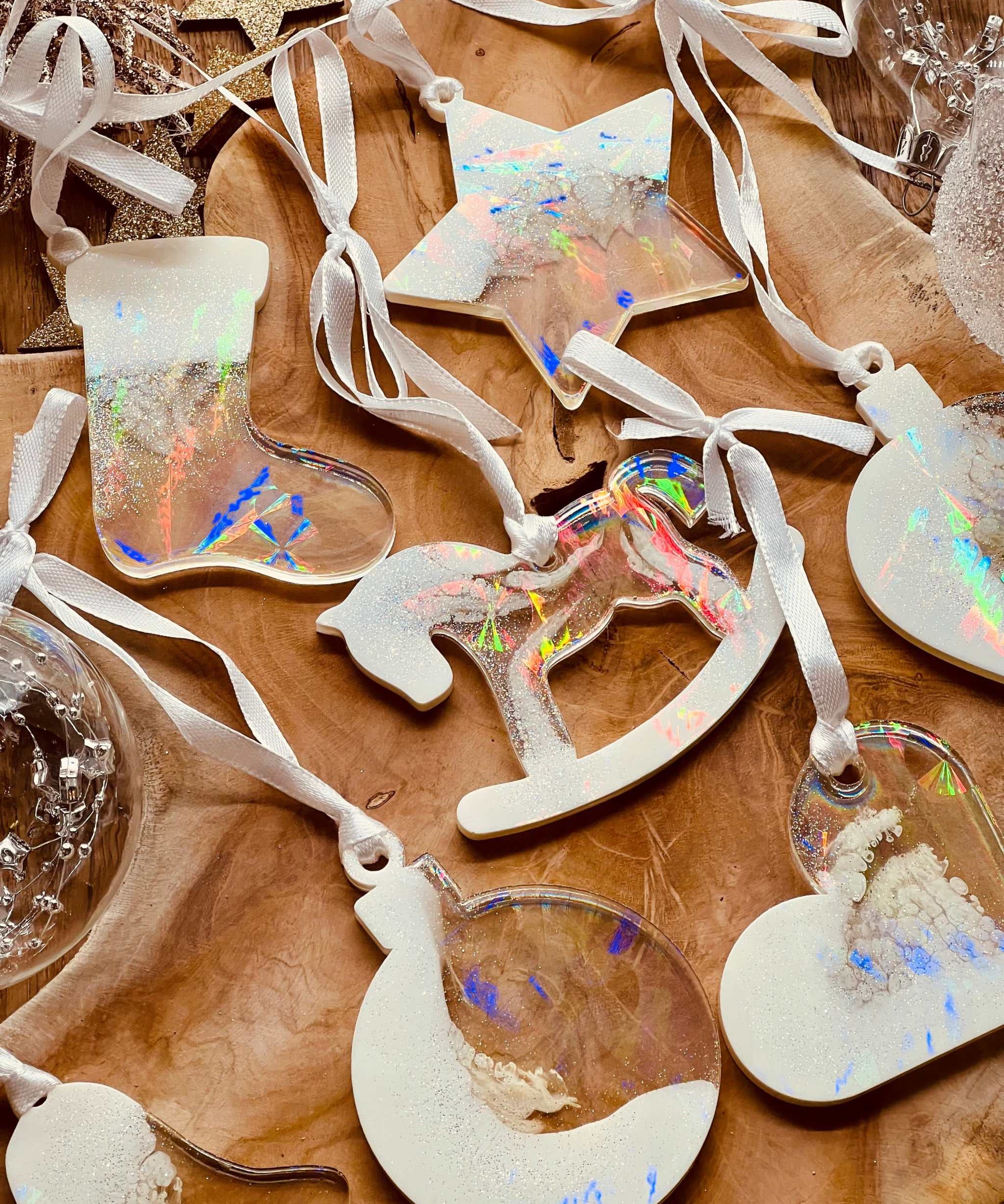 7 handmade white resin Christmas ornaments with holographic surface, set of 7.