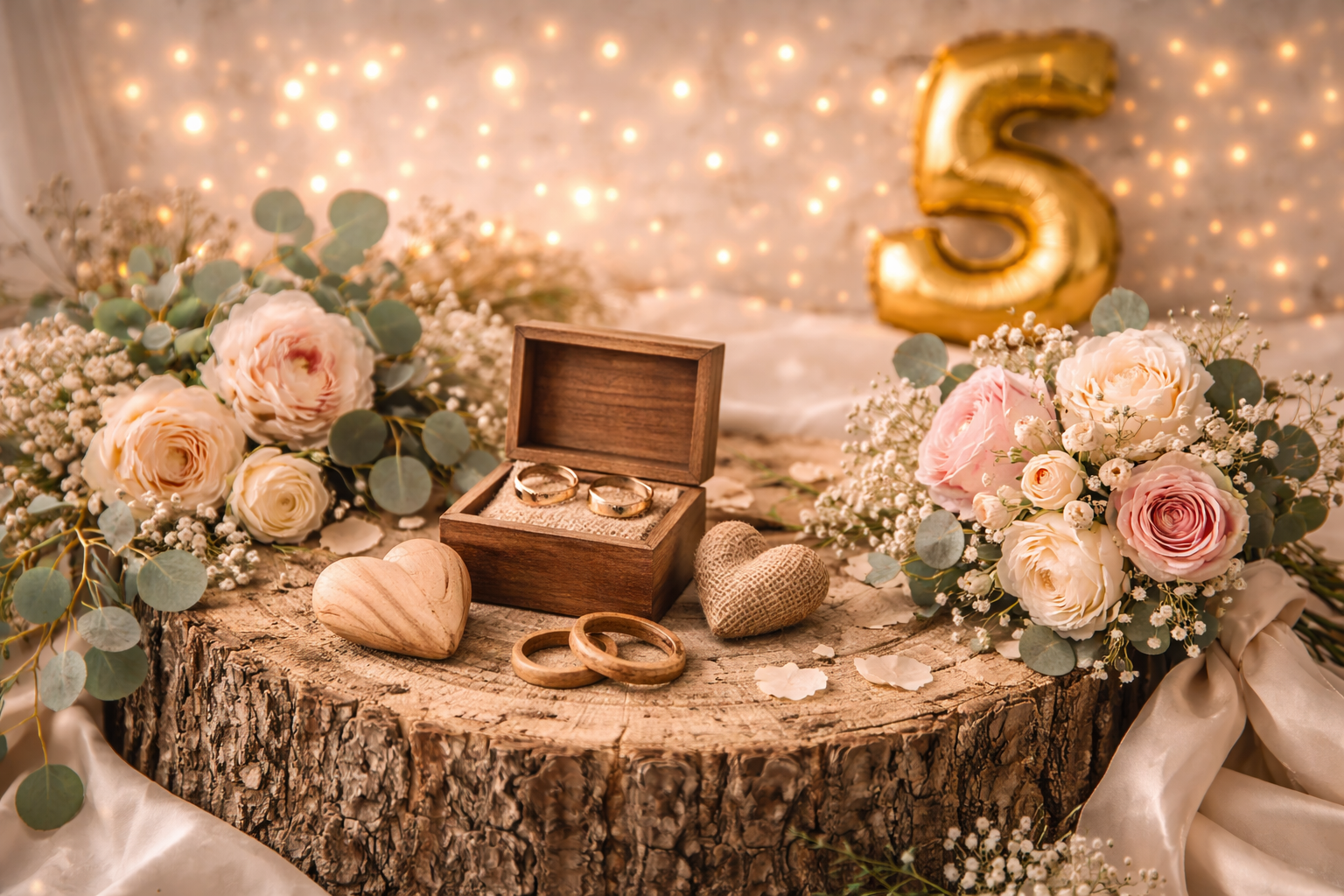 Hölzerne Hochzeit feiern mit Holzdekoration zum 5. Hochzeitstag