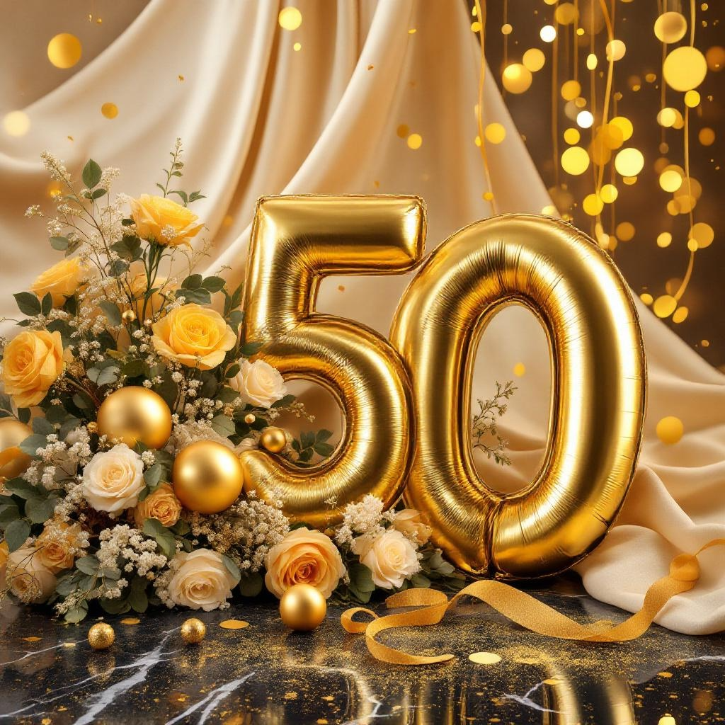 Goldene Hochzeit Symbol mit goldenen Kunstwerken zum 50. Hochzeitstag