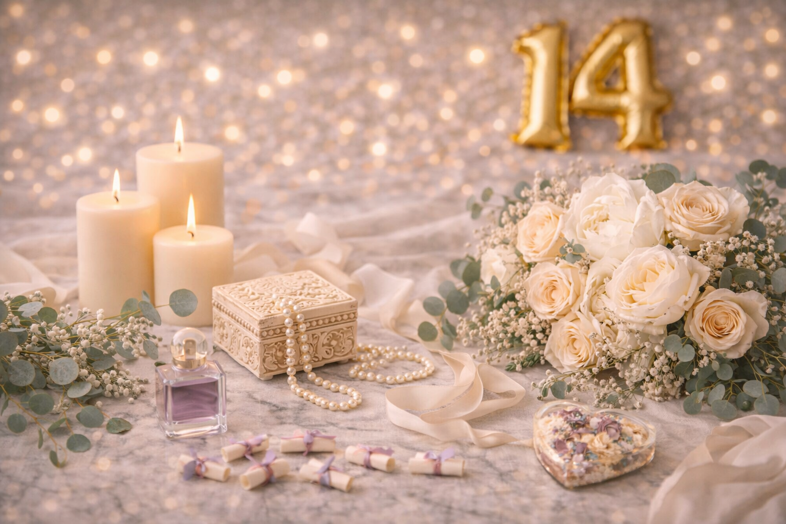 Elegantes Paar feiert Elfenbeinhochzeit den 14. Hochzeitstag edel und zeitlos
