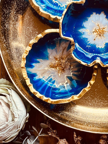 Resin jewelry bowls in blue with gold