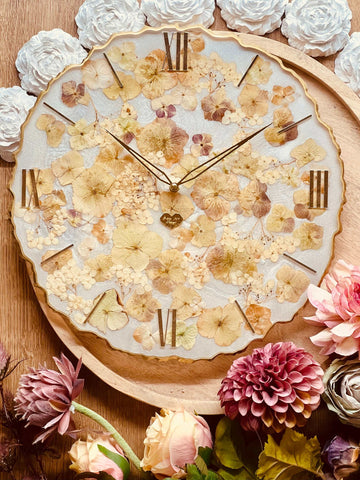 Resin clock with dried hydrangeas
