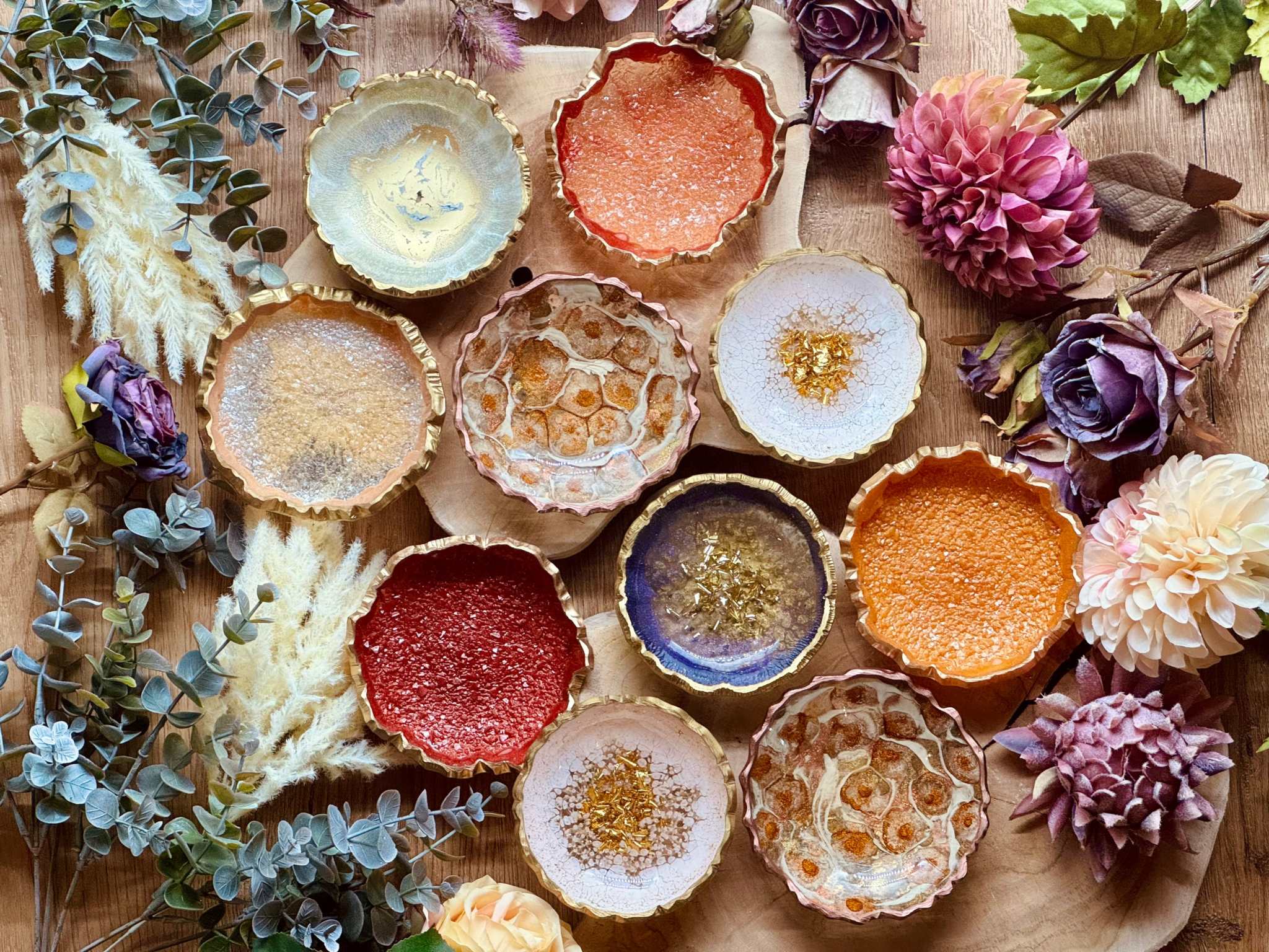 Resin jewelry bowls in various colors with gold