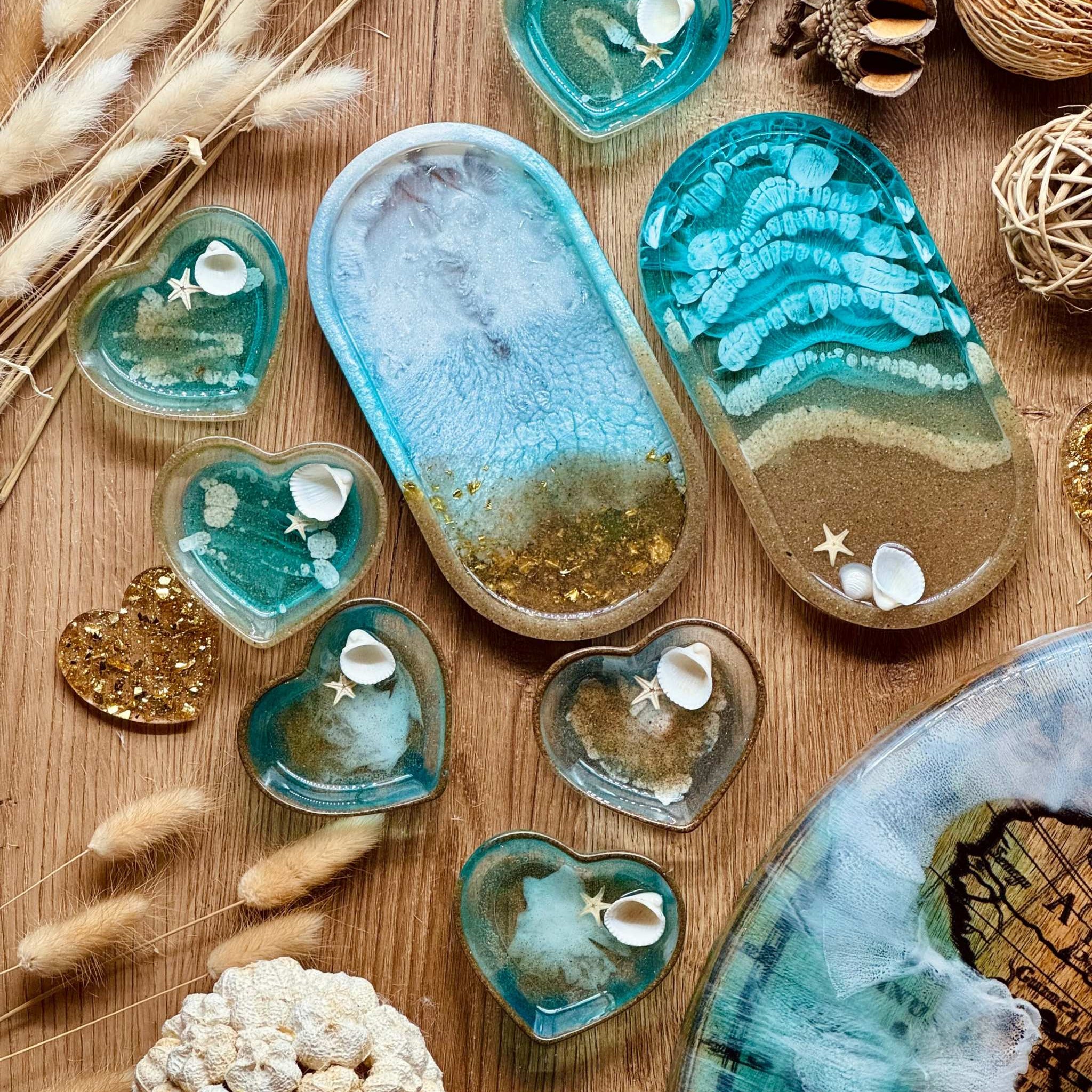 Schmuckschalen aus Resin in Blau mit Muscheln
