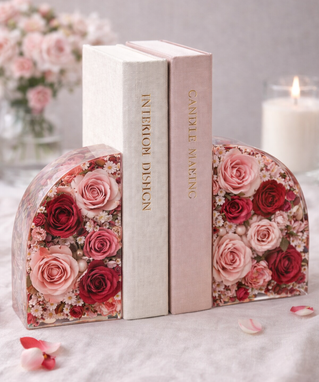 Buchstuetze aus Epoxidharz mit getrockneten konservierten Brautstrauss Hochzeitsblumen