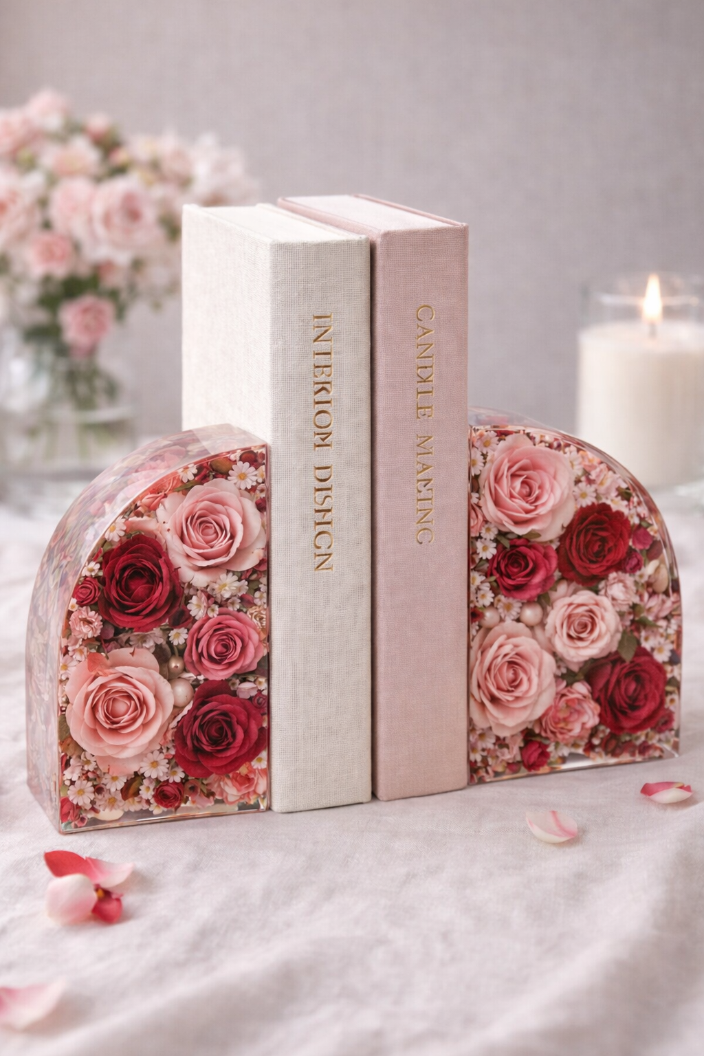 Buchstuetze aus Epoxidharz mit getrockneten konservierten Brautstrauss Hochzeitsblumen