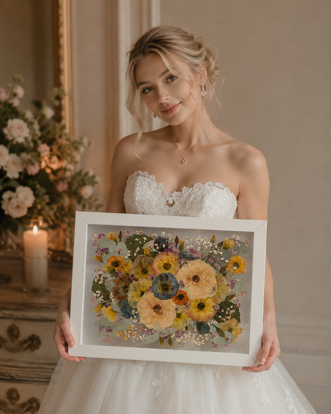 Konservierter Brautstrauß im Bilderrahmen als persönliches Hochzeitskunstwerk