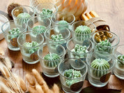 Duftkerze im Glas mit süßem Kaktusdesign und kleinen Wachskakteen als Detail – ein tolles Geschenk oder dekorativer Duft für Zuhause.