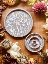 Cast ceramic tray and candle holder in a modern, colorful design