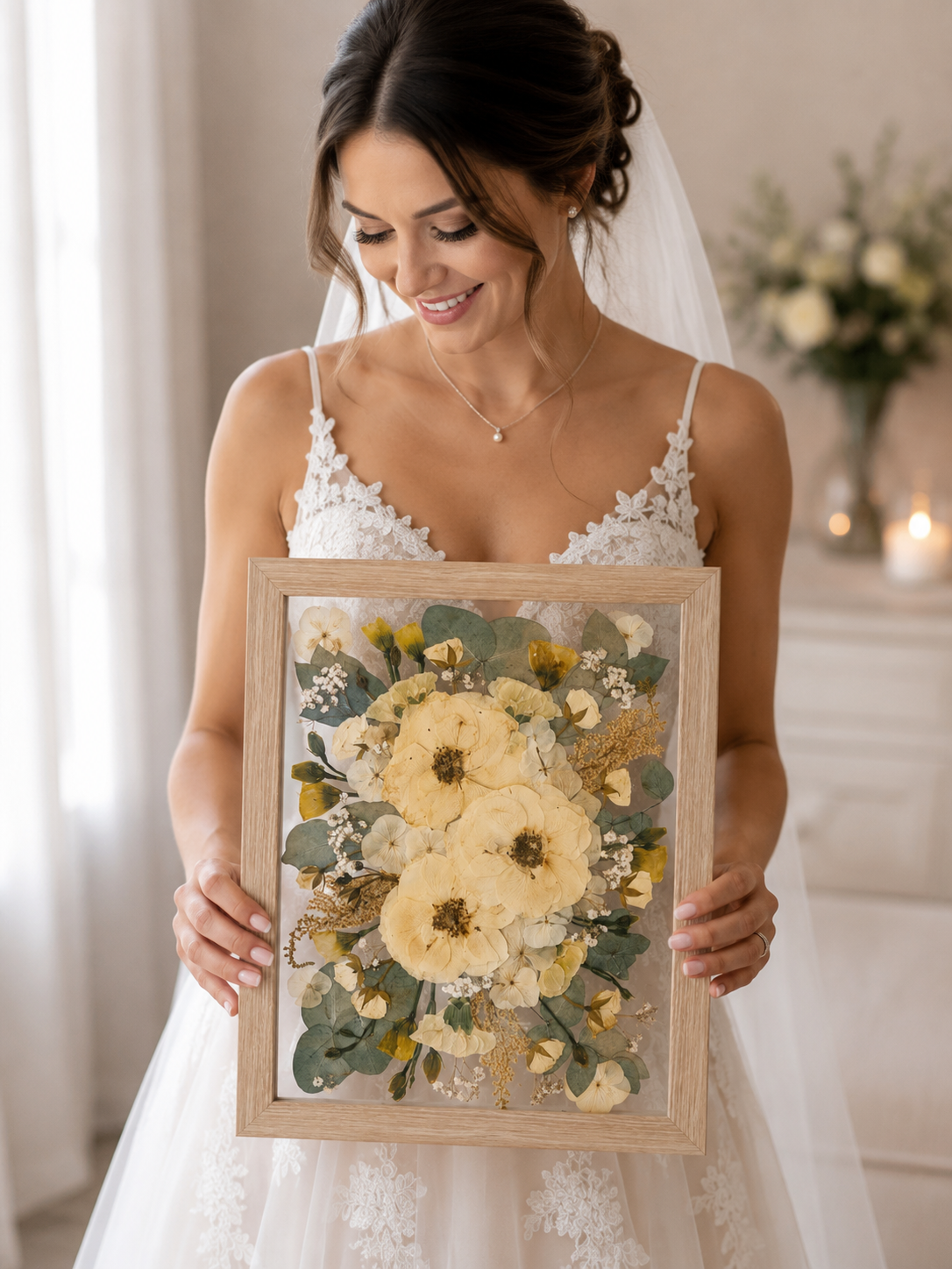 Konservierter Brautstrauß im Bilderrahmen als individuelles Hochzeitskunstwerk