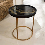 Moderner Couchtisch Beistelltisch aus schwarzem und goldenem Epoxidharz, 40cm Durchmesser, handgefertigt und langlebig