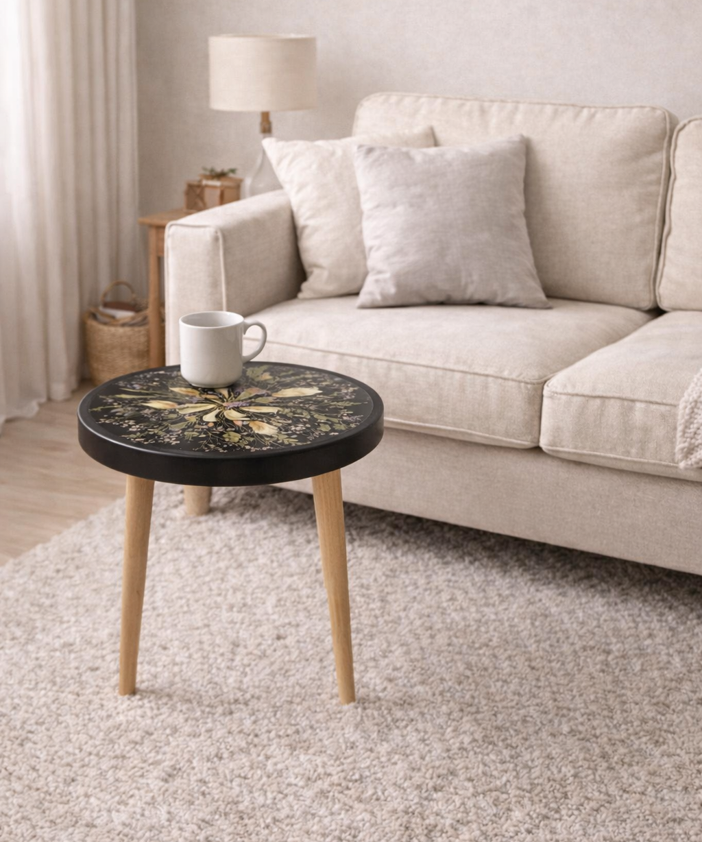 Couchtisch Brautstrauss-  Beistelltisch Detail aus Epoxidharz mit echten getrockneten Blumen auf hellem Teppich neben Sofa.Brautstrauß konservieren als Couchtisch