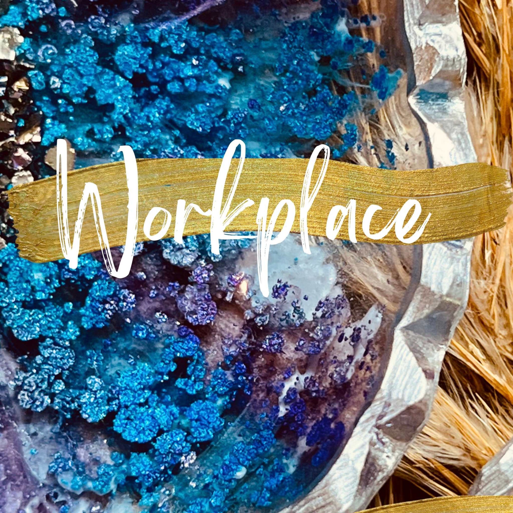 Resin art piece with blue and purple pigments, gold accents, labeled "Workplace" for online course.