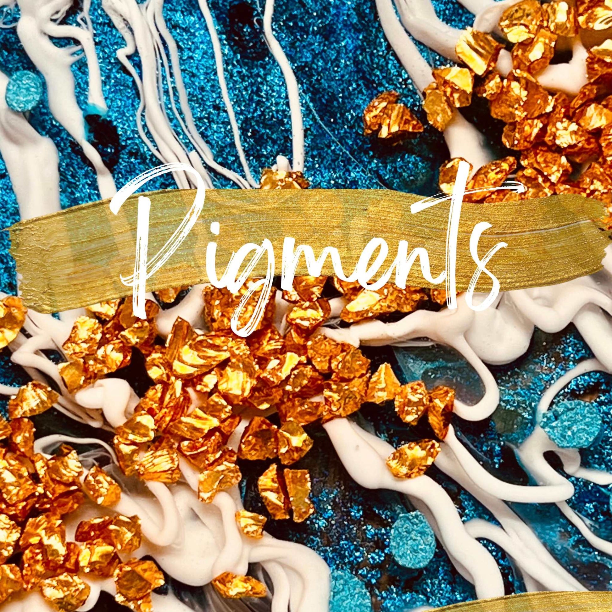 Close-up of vibrant resin art with gold and blue pigments demonstrating texture and color mixing in a resin art online course.