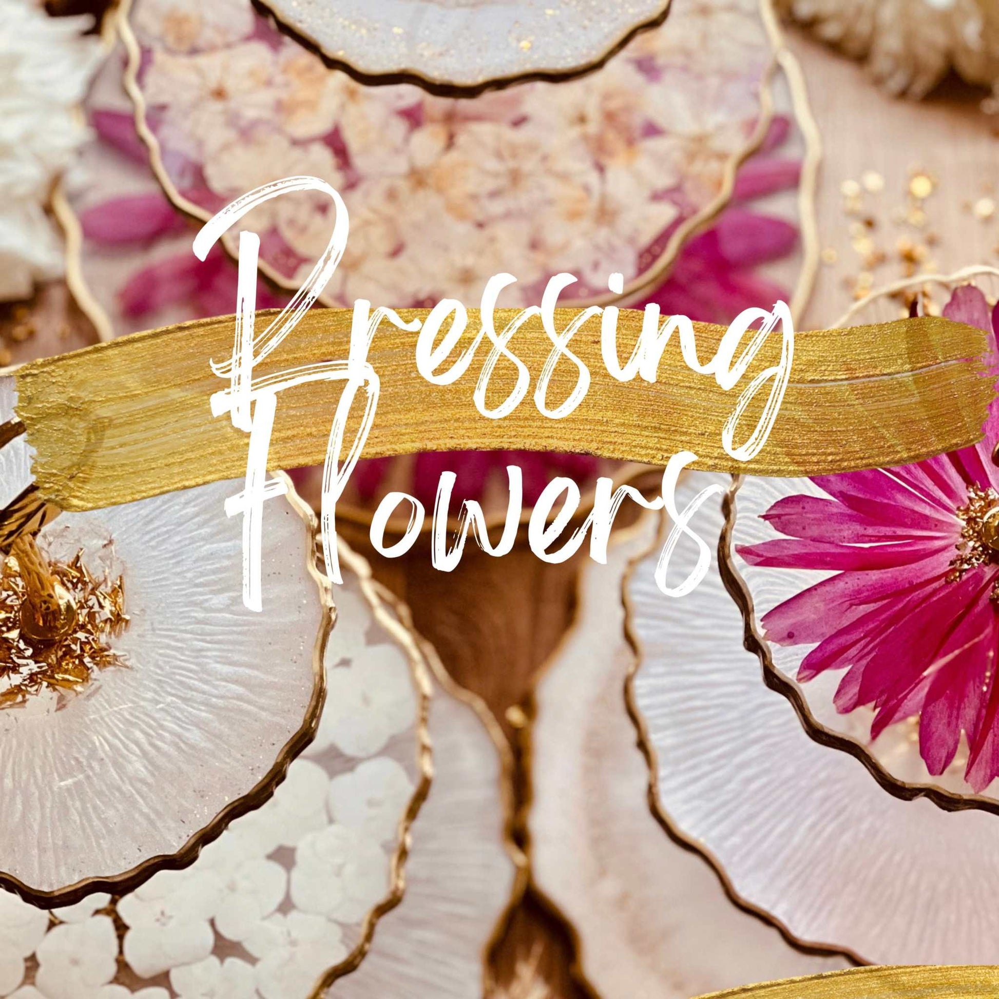 Resin art course teaching pressing flowers technique with vibrant floral designs.