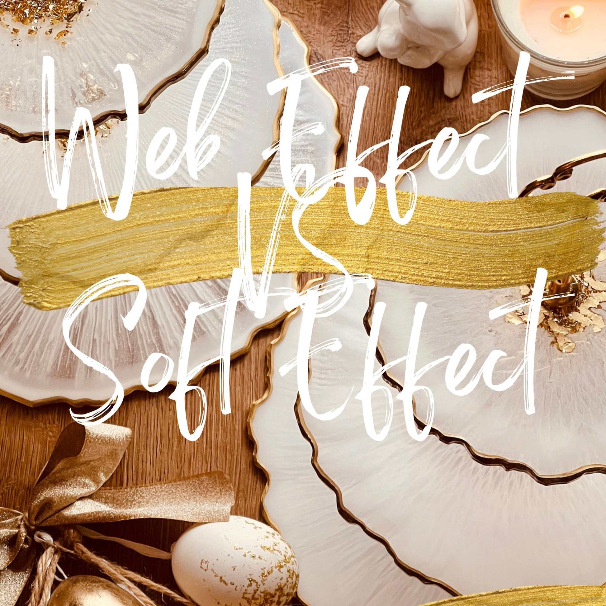 Resin art techniques comparing web effect and soft effect, showcased with gold accents in an online course setting.