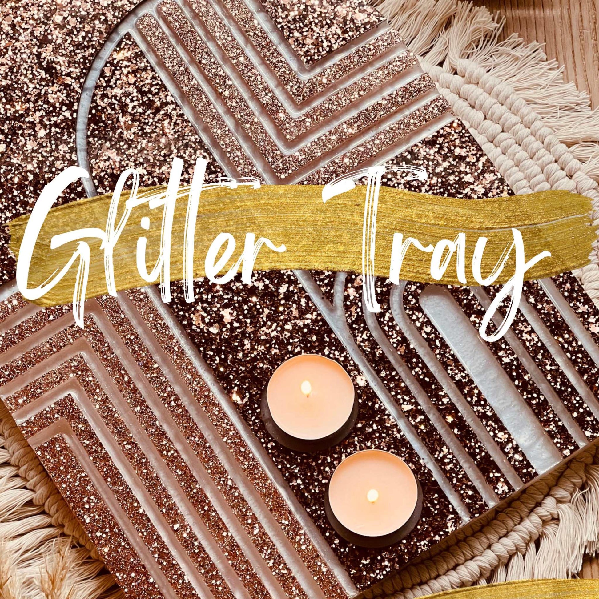 Resin art glitter tray with candles in a decorative design for online course promotion.