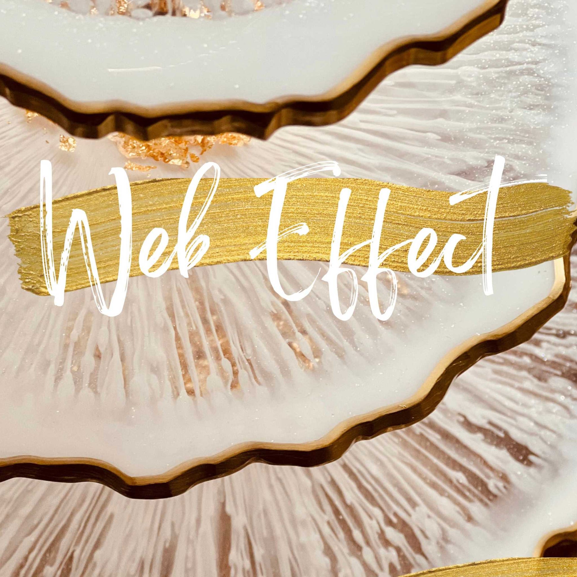 Resin Art Onlinekurs featuring Web Effect techniques and gold details.