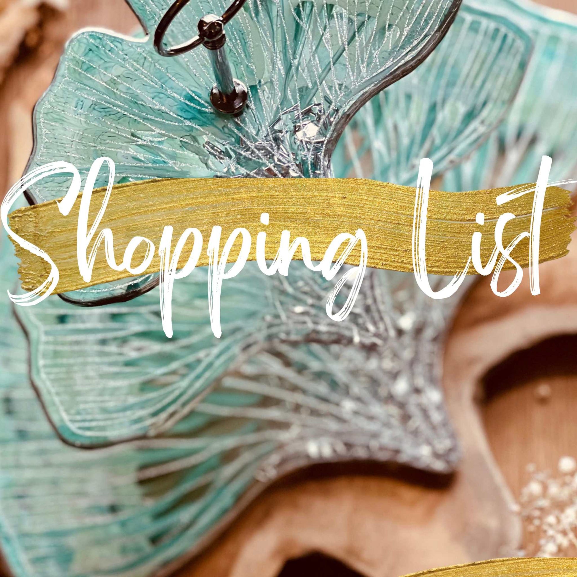Resin art course with green decorative piece and shopping list text overlay.