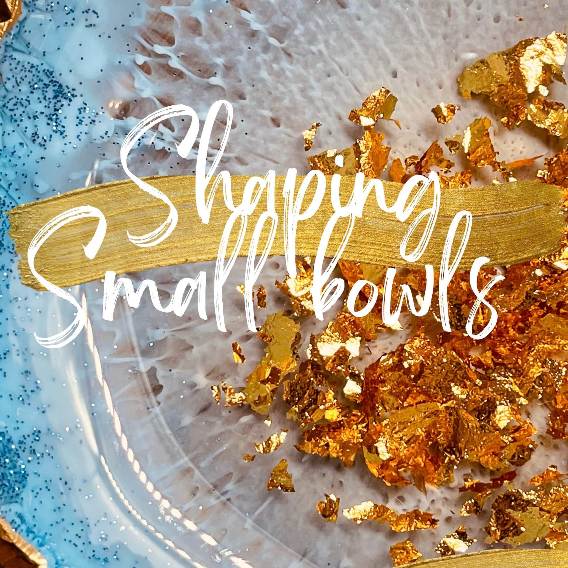 "Gold and blue resin art with text 'Shaping small bowls' showcasing resin art techniques."