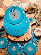 Epoxidharz Deko Set mit Etagere und 3 Untersetzer aus Epoxidharz in Türkis mit Blattsilber