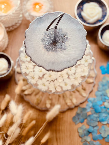 Resin cake stand with dried Lakspur and Celosia flowers with silver