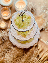 Epoxy resin cake stand with dried green hydrangeas on pink with silver