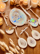 Oster Deko - Ostereier Anhänger im 7er Set in Weiß mit Silber & Holo Oberfläche