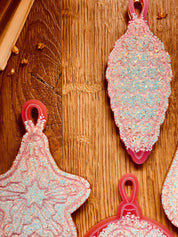 Pink and silver handmade resin Christmas tree ornaments, set of four.