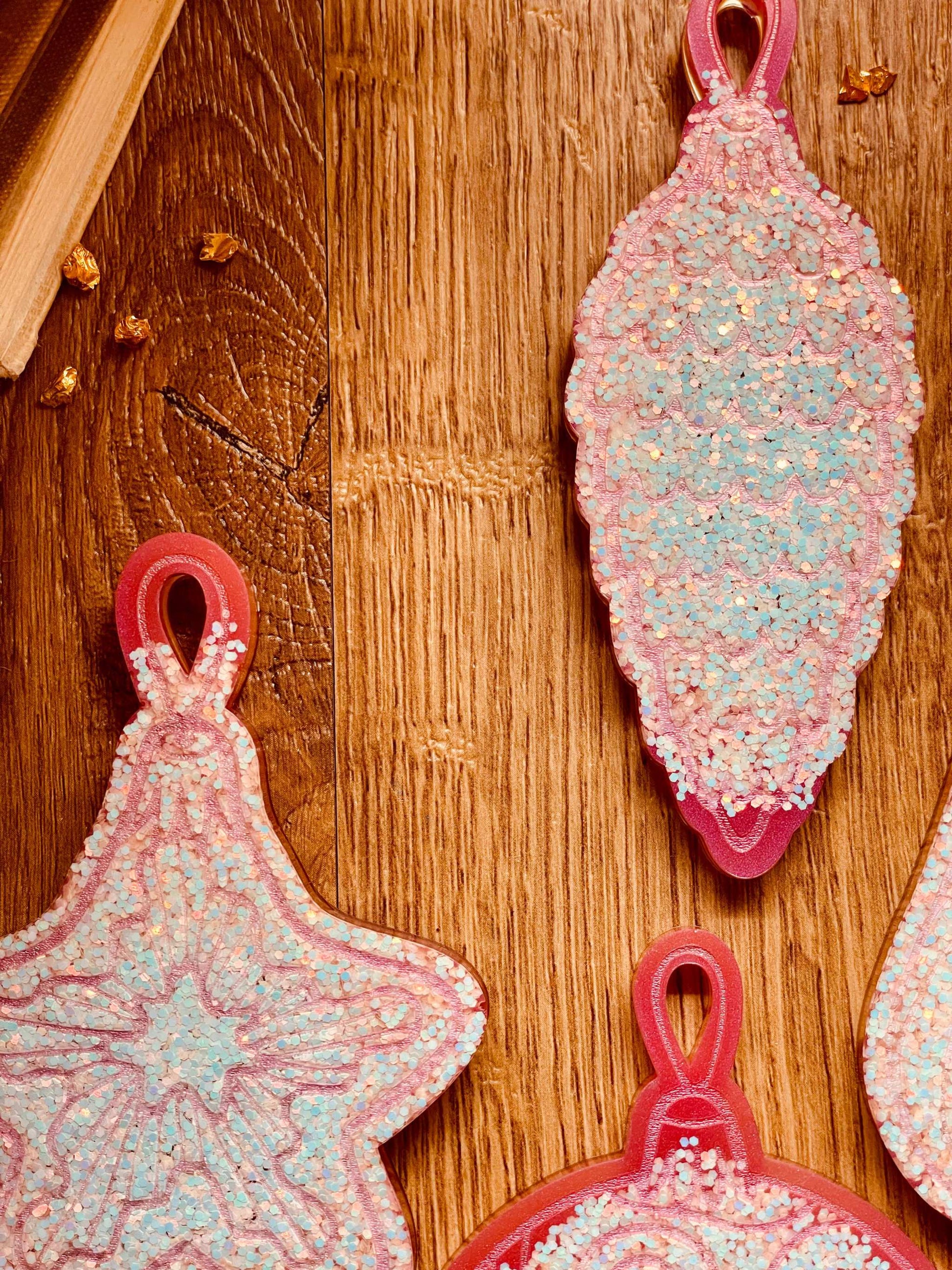 Pink and silver handmade resin Christmas tree ornaments, set of four.