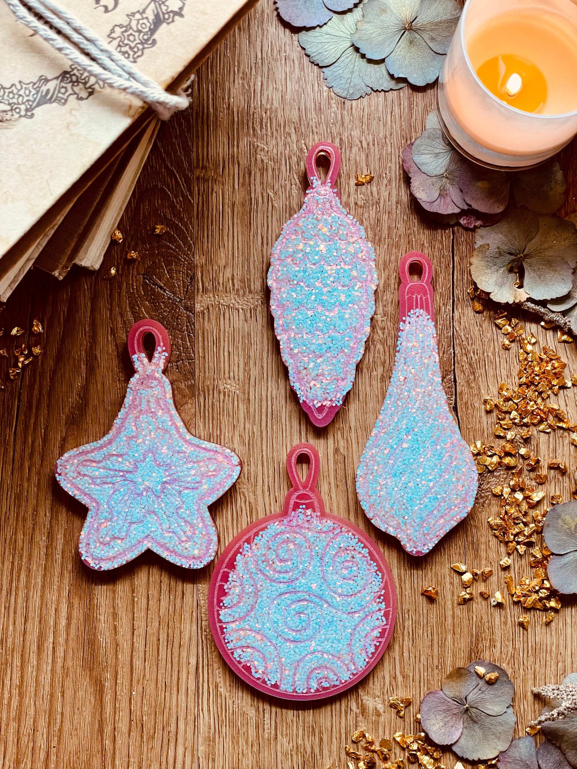 Pink and silver resin Christmas tree ornaments set of four.