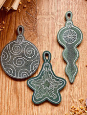 Handmade green and silver resin Christmas tree ornaments, set of 3.