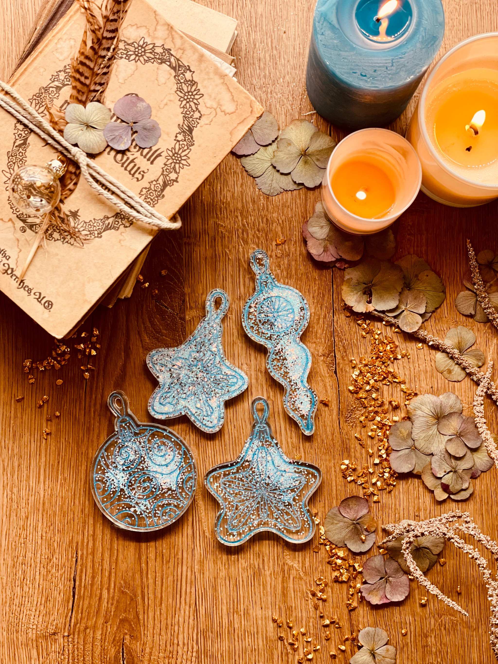 Handmade turquoise and silver resin Christmas tree ornaments, set of four.