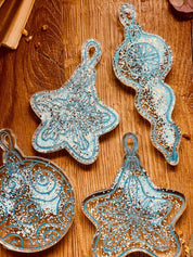 Handmade turquoise and silver resin Christmas tree ornaments, set of 4.