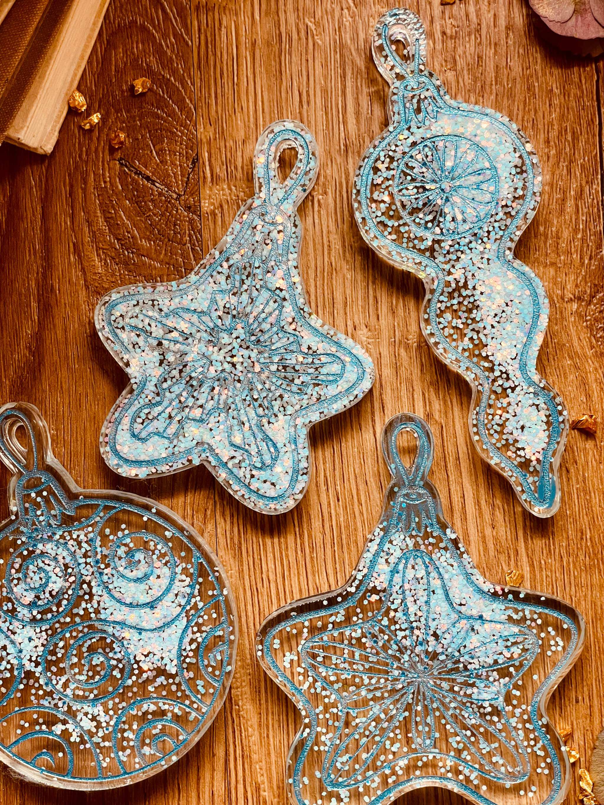 Handmade turquoise and silver resin Christmas tree ornaments, set of 4.