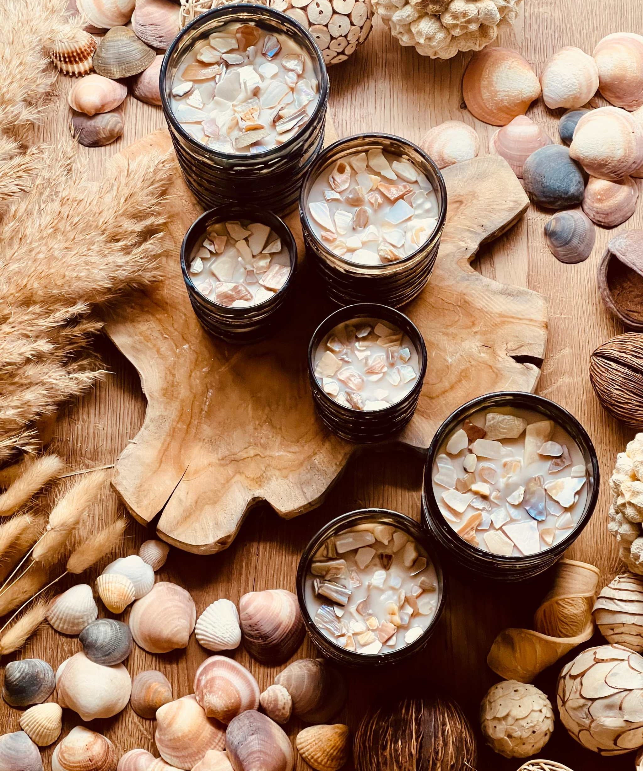 Duftkerze mit Kokosaroma in edlem Designerglas mit Muscheldetails aus Perlmutt – ideal als stilvolles Geschenk und eleganter Raumduft
