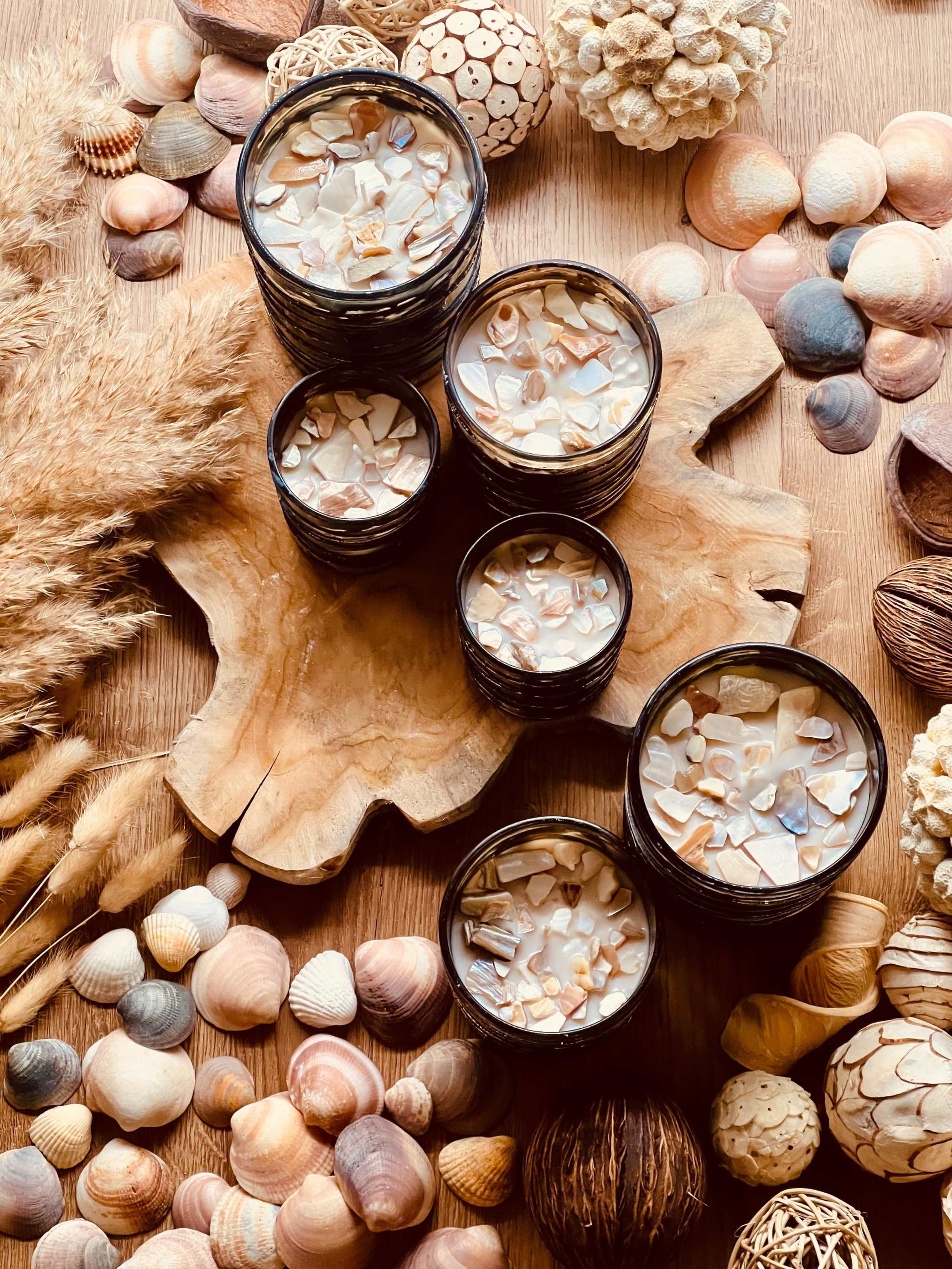 Duftkerze mit Kokosaroma in edlem Designerglas mit Muscheldetails aus Perlmutt – ideal als stilvolles Geschenk und eleganter Raumduft
