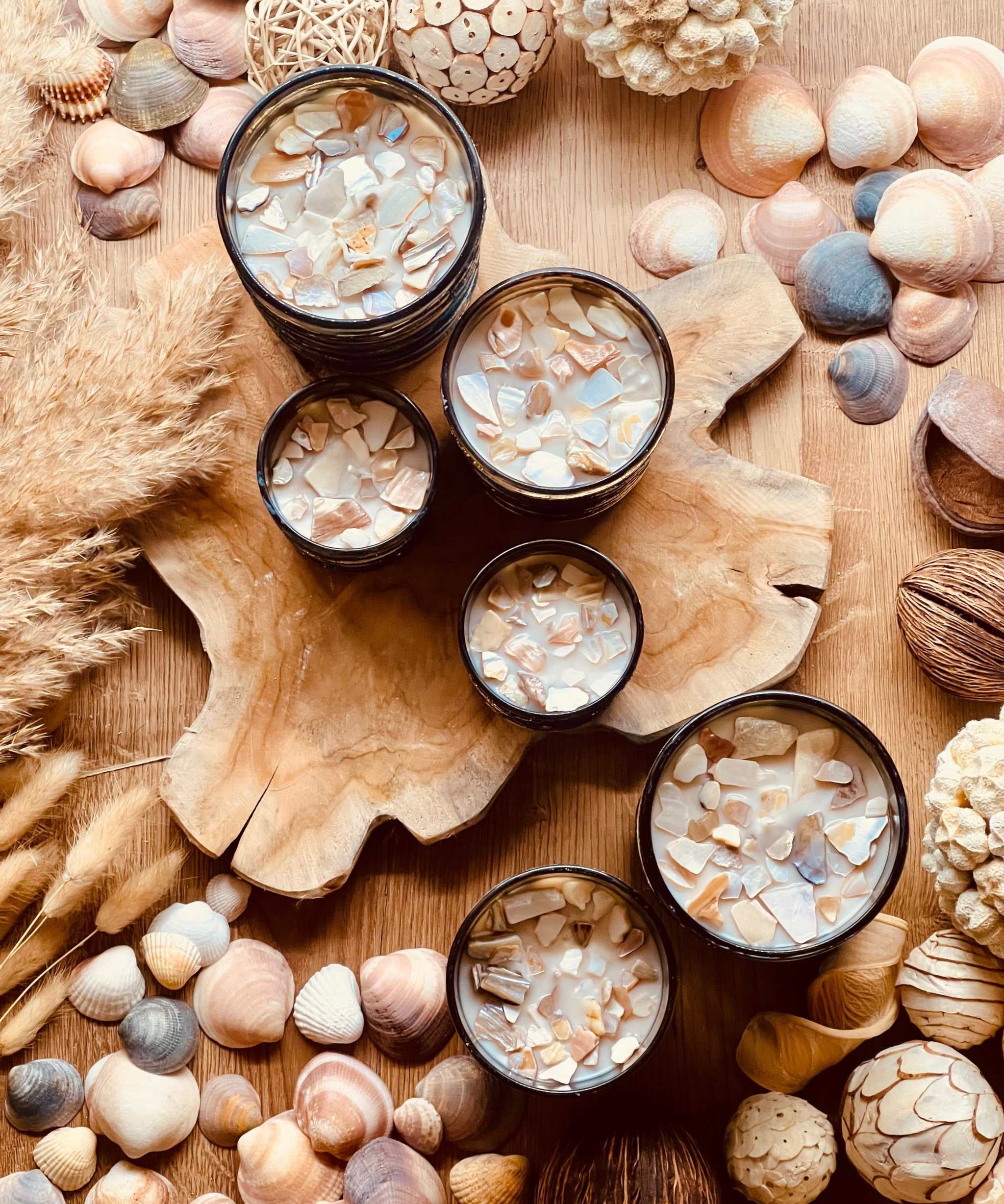 Duftkerze mit Kokosaroma in edlem Designerglas mit Muscheldetails aus Perlmutt – ideal als stilvolles Geschenk und eleganter Raumduft

Kerze mit Kokosduft in Designerglas mit Muscheldetails aus Perlmutt – ein exotisches Geschenk und dekorativer Hingucker
