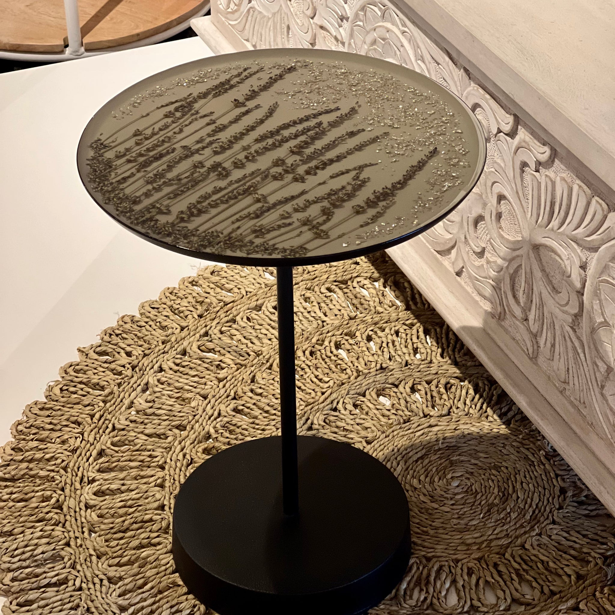 Coffee table or side table in black with real lavender and silver details, diameter 33cm