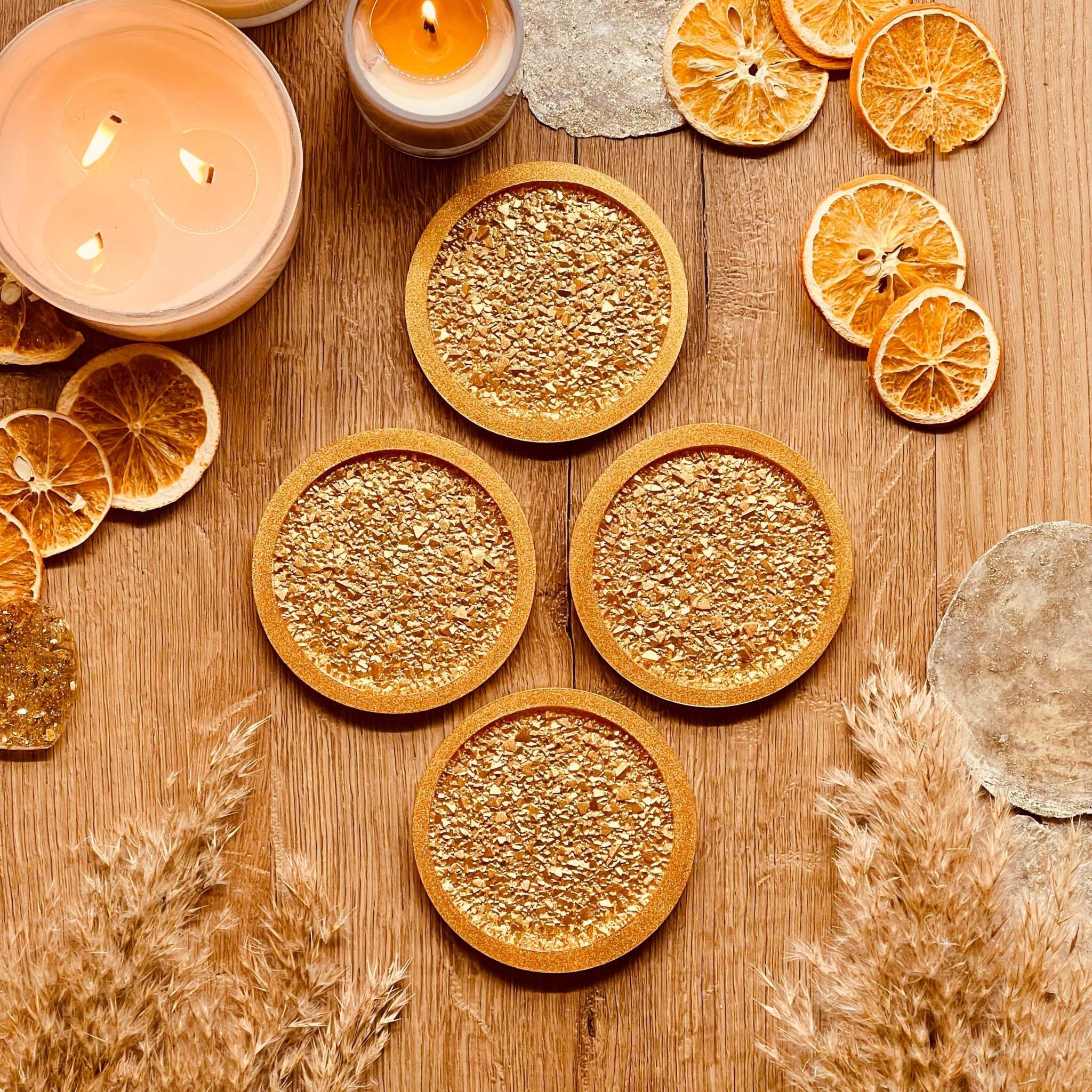 4 resin coasters in gold with diamond finish