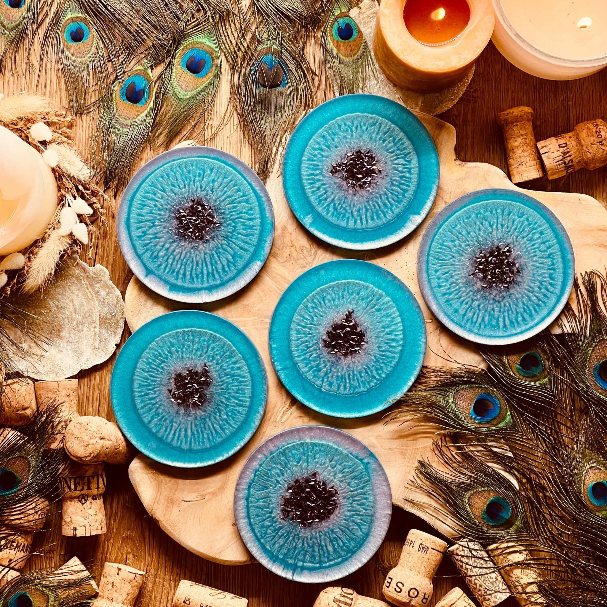 Set of 6 handmade turquoise and purple resin coasters, unique table decoration.