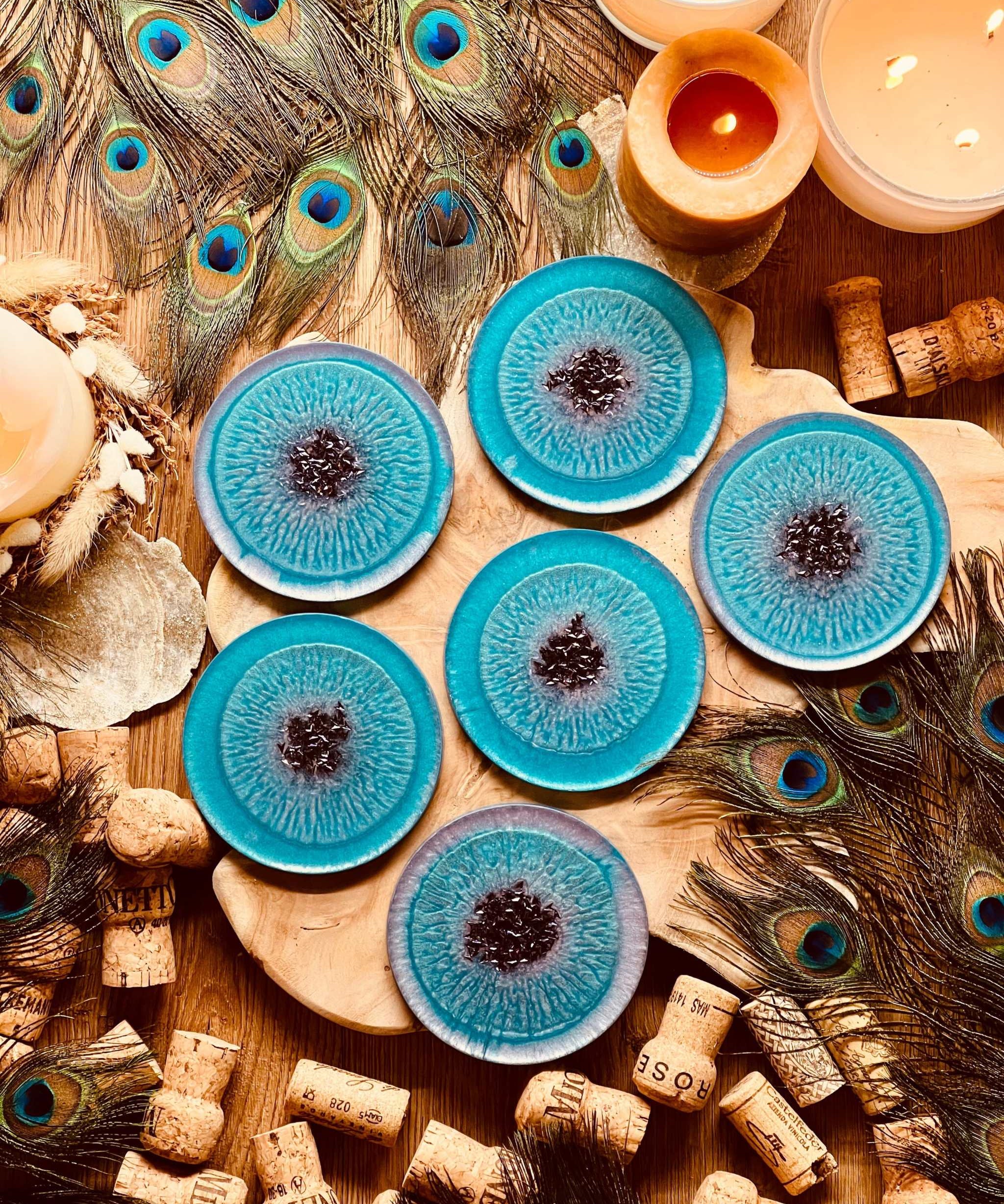 Set of 6 handmade turquoise and purple resin coasters, unique table decoration.