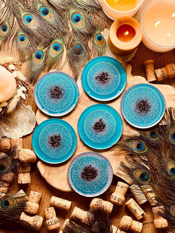 6 resin coasters in turquoise with purple