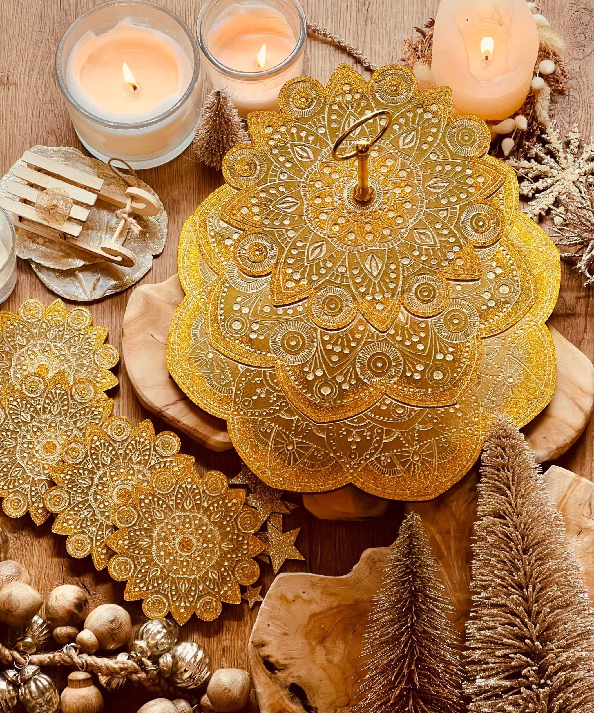 Gold resin mandala etagere and coasters set, handmade decor.